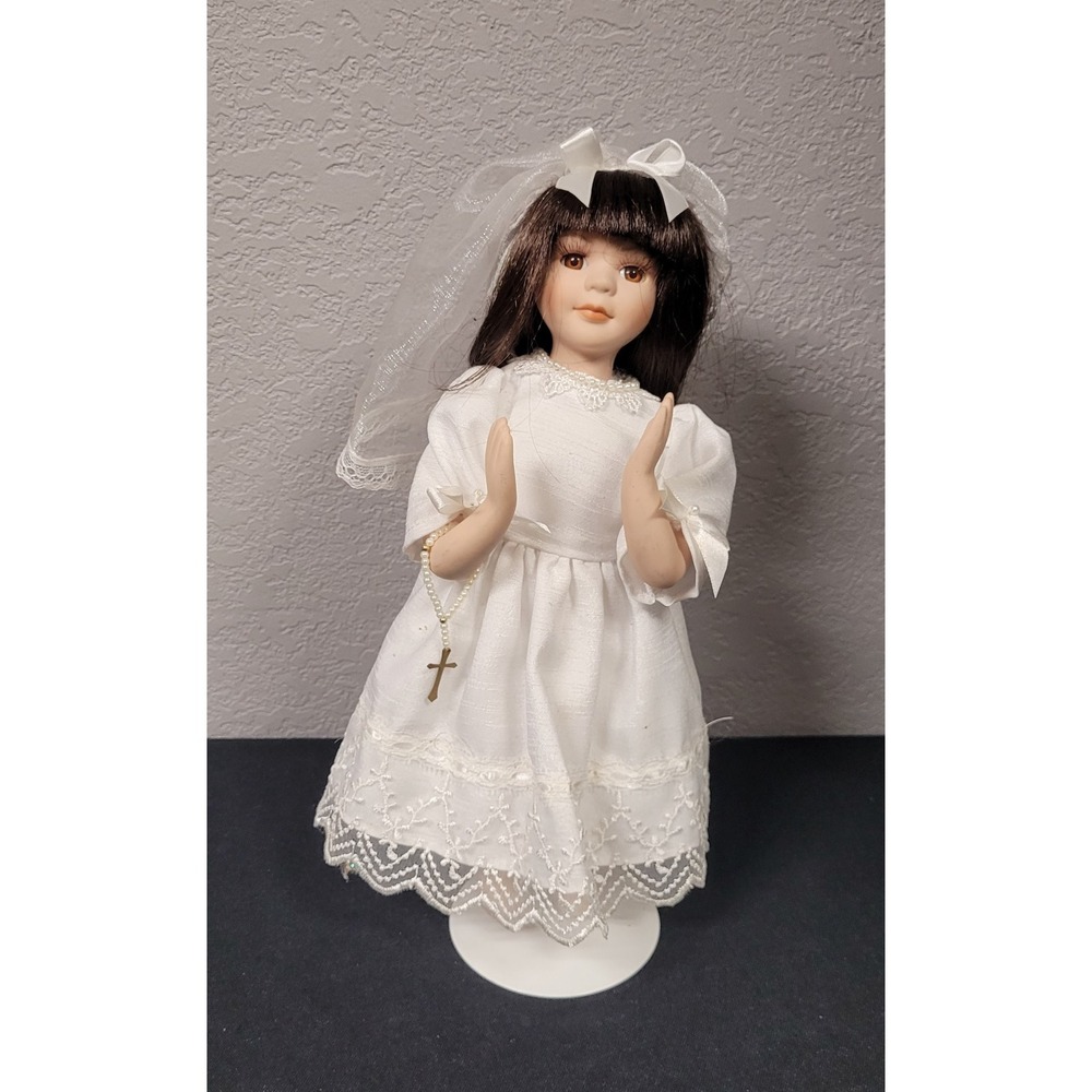 Roman Inc Brunette Porcelain First Holy Communion Doll 12" Praying Rosary #40340